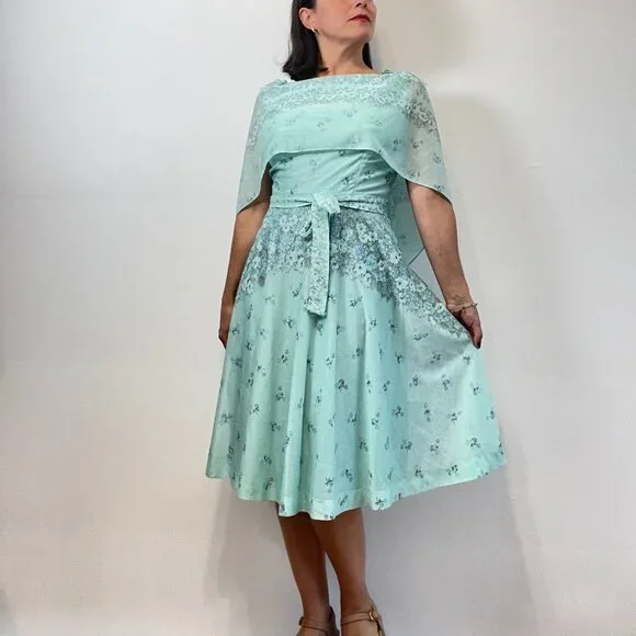 Vintage FRANCIS GALE 70s Aquamarine Floral Print Cape Dress - Size S/M - Picture 5 of 16